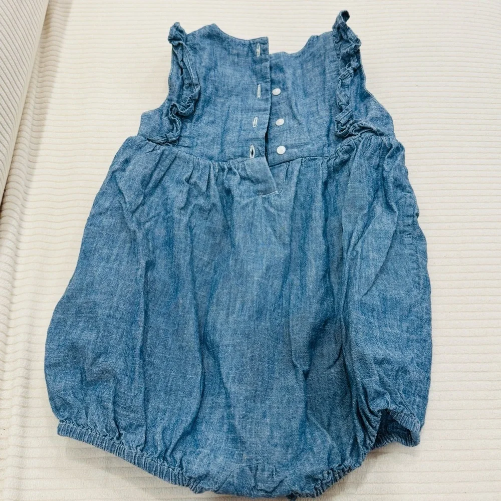 Ralph Lauren Girls' Chambray Ruffle Bubble Romper - Baby 24 months EUC $50